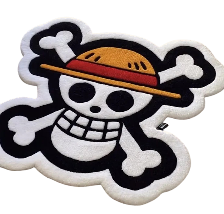Tapete de tufting con la calavera del sombrero de paja de One Piece tejido a mano en Colombia por Max Tufting