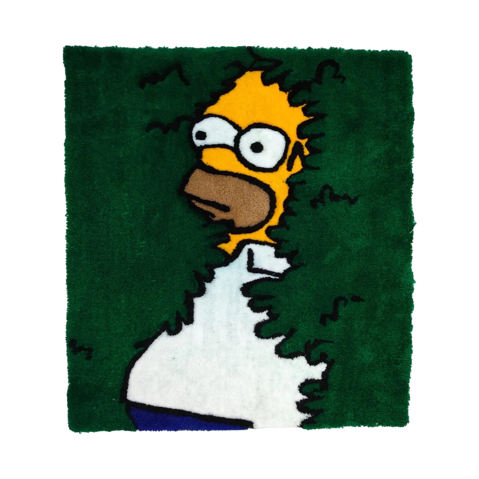 Tapete de tufting con el meme de Homero Simpson en el arbusto hecho a mano en Colombia por Max Tufting