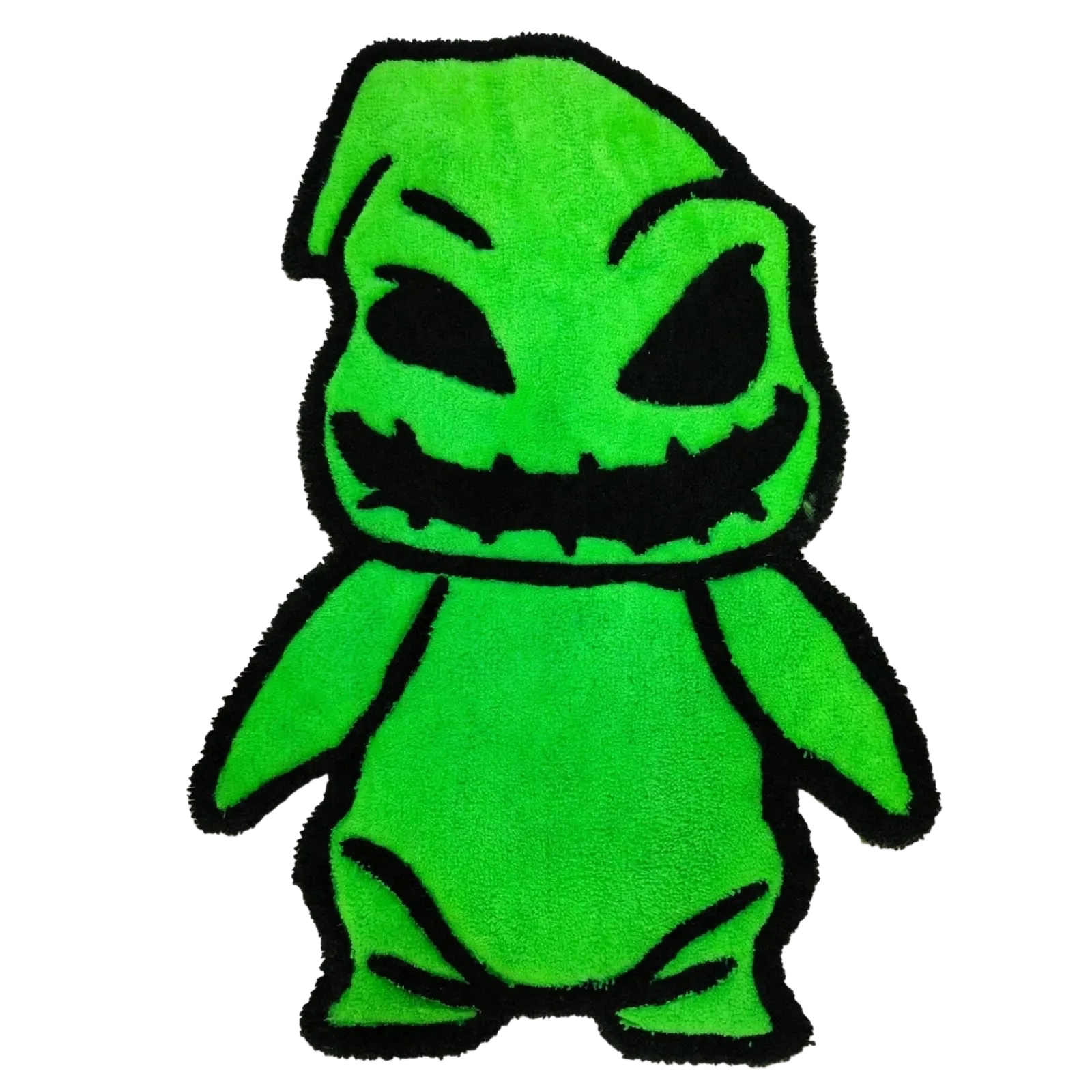 Tapete artesanal de tufting del personaje Oogie Boogie en lana verde neón hecho en Colombia