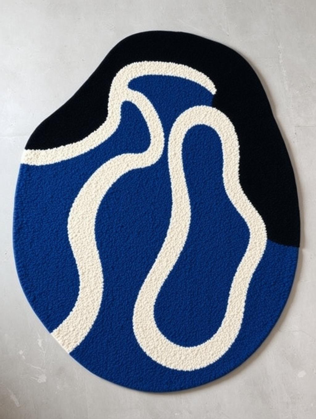 Tapete abstracto de tufting con ondas en azul cobalto y crema hecho a medida en Bogotá y Soacha